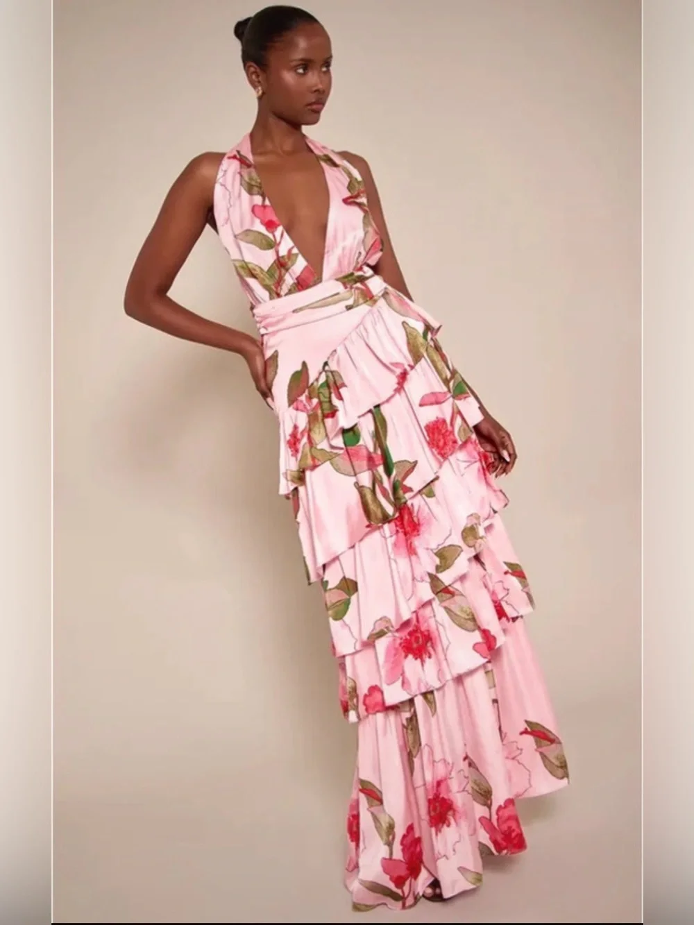 PRETTYLITTLETHING  Pink Floral Halter Tiered Maxi Dress 12 NWT